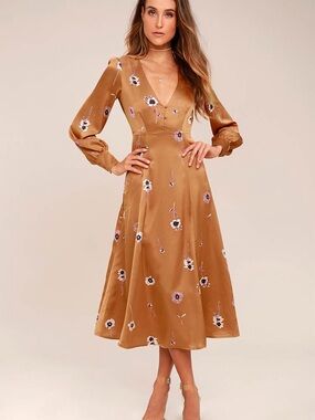 Astr Tan Satin Floral Midi Dress with Purple Accents
